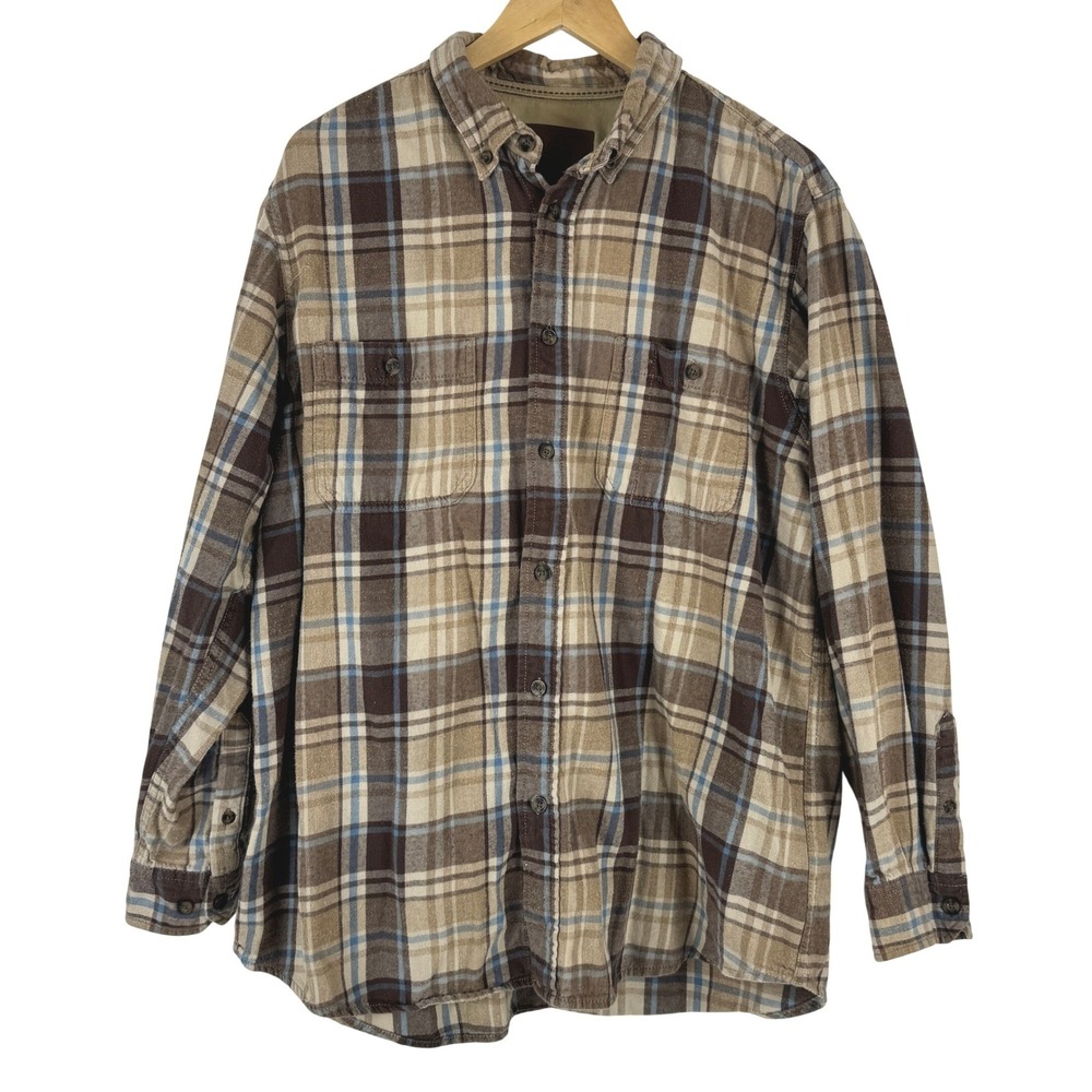 Outdoor Life Plaid Flannel Shirt Long Sleeve Button Up Men's‎ XLT Tan Brown Blue